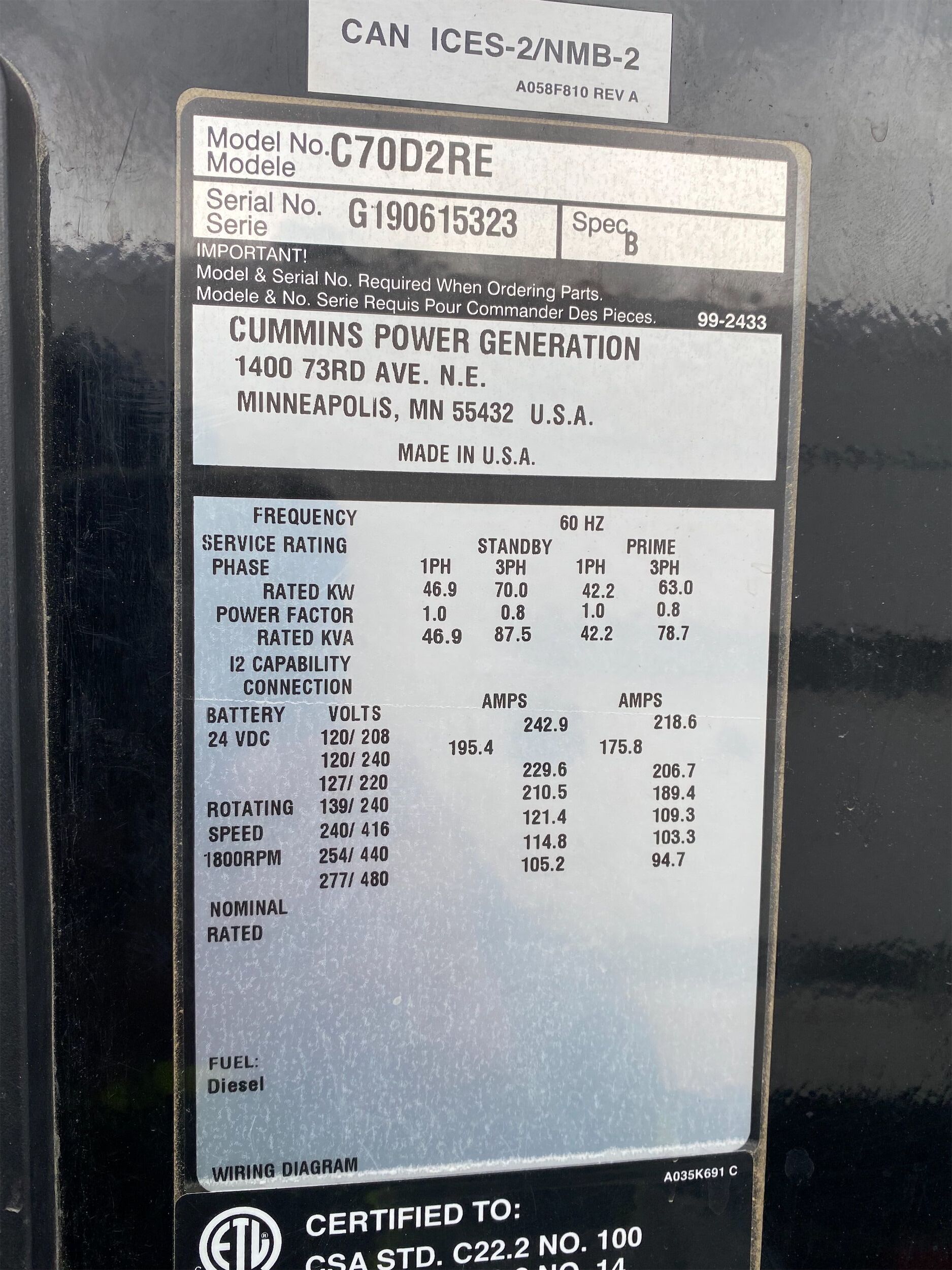 2019 CUMMINS C70D2RE Diesel Generator in Santa Paula, CA