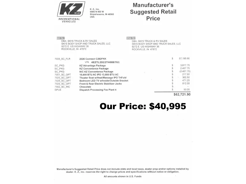 2026 KZ RV Connect C282FKK