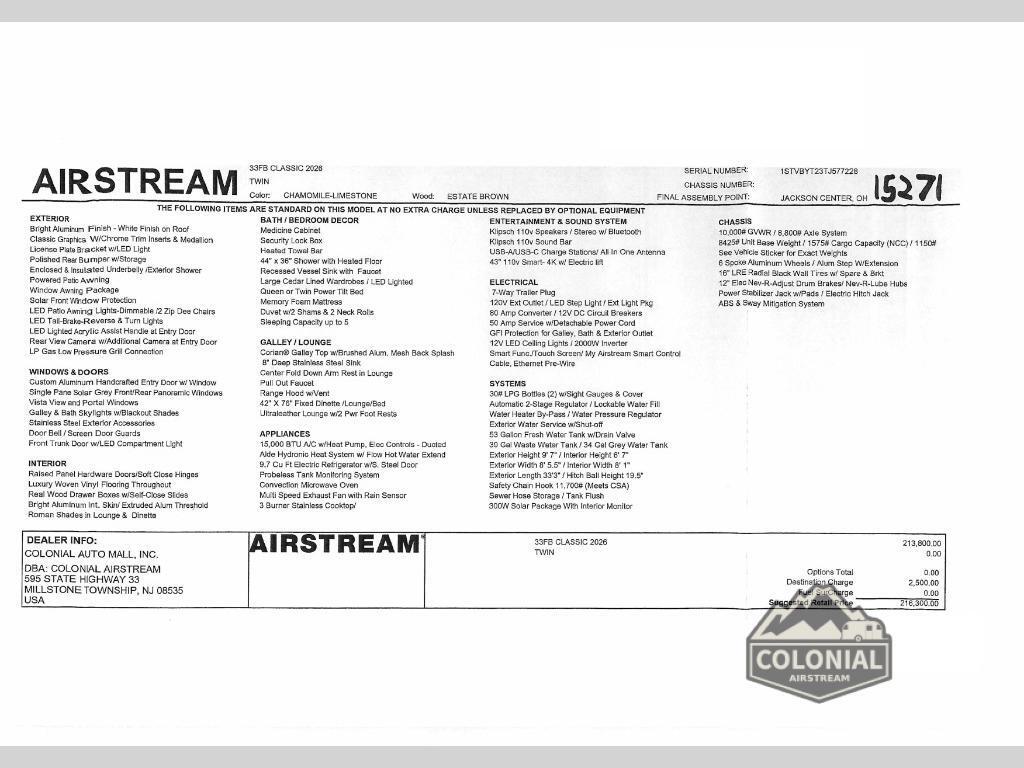 A photo of this 2026 Airstream Classic 33FBT Twin