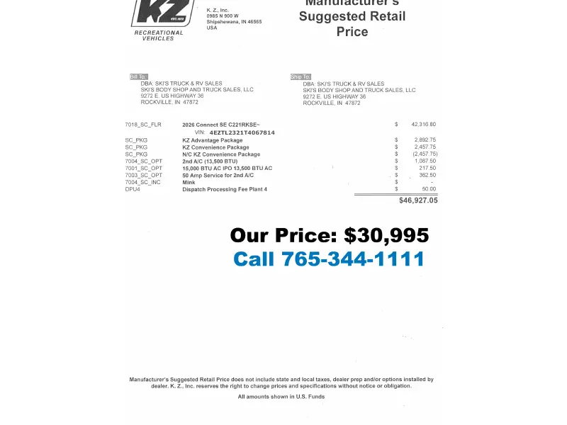 2026 KZ RV Connect SE C221RKSE