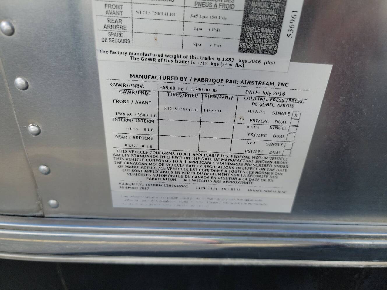 A photo of this 2017 Airstream SPORT 16