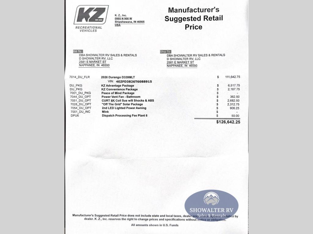 2026 Kz Durango D339MLT in nappanee IN