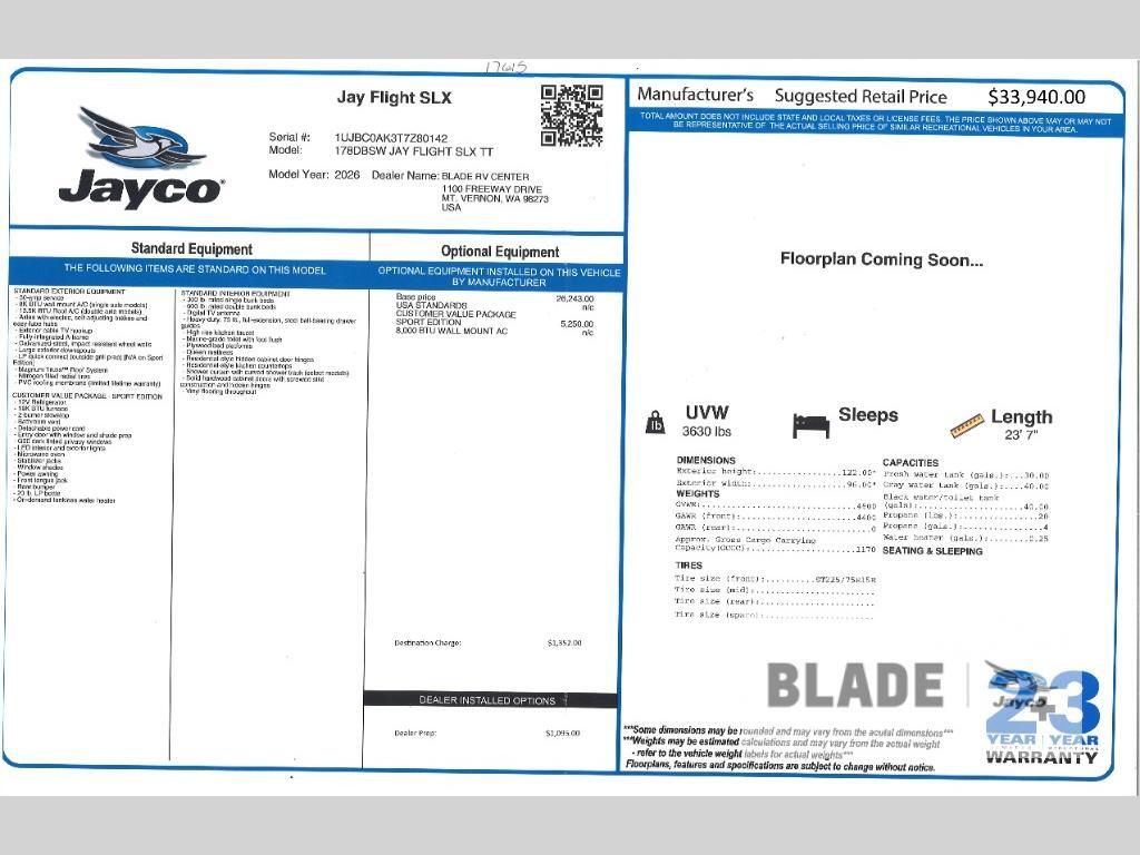 2026 Jayco Jay Flight SLX 178DBSW SPORT EDITION in mt. vernon WA