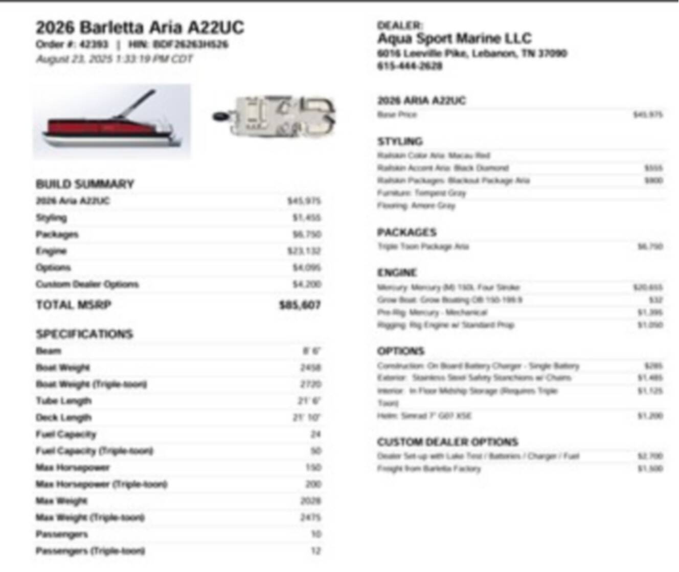 A photo of this 2026 Barletta Boats Aria 22 UC