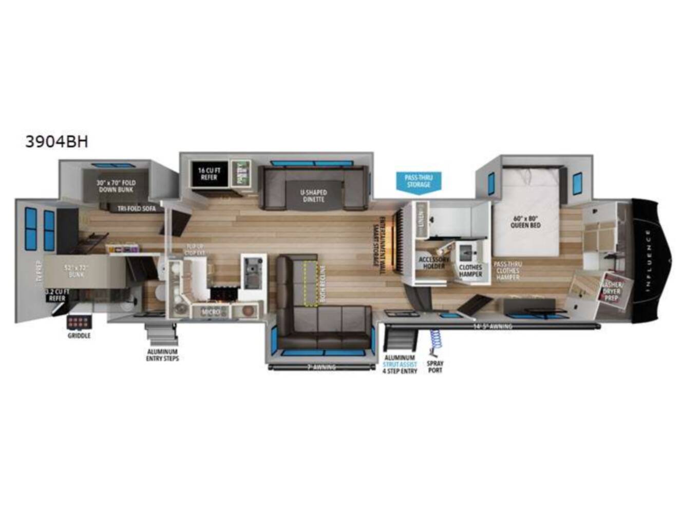 A photo of this 2026 Grand Design Influence 3904BH