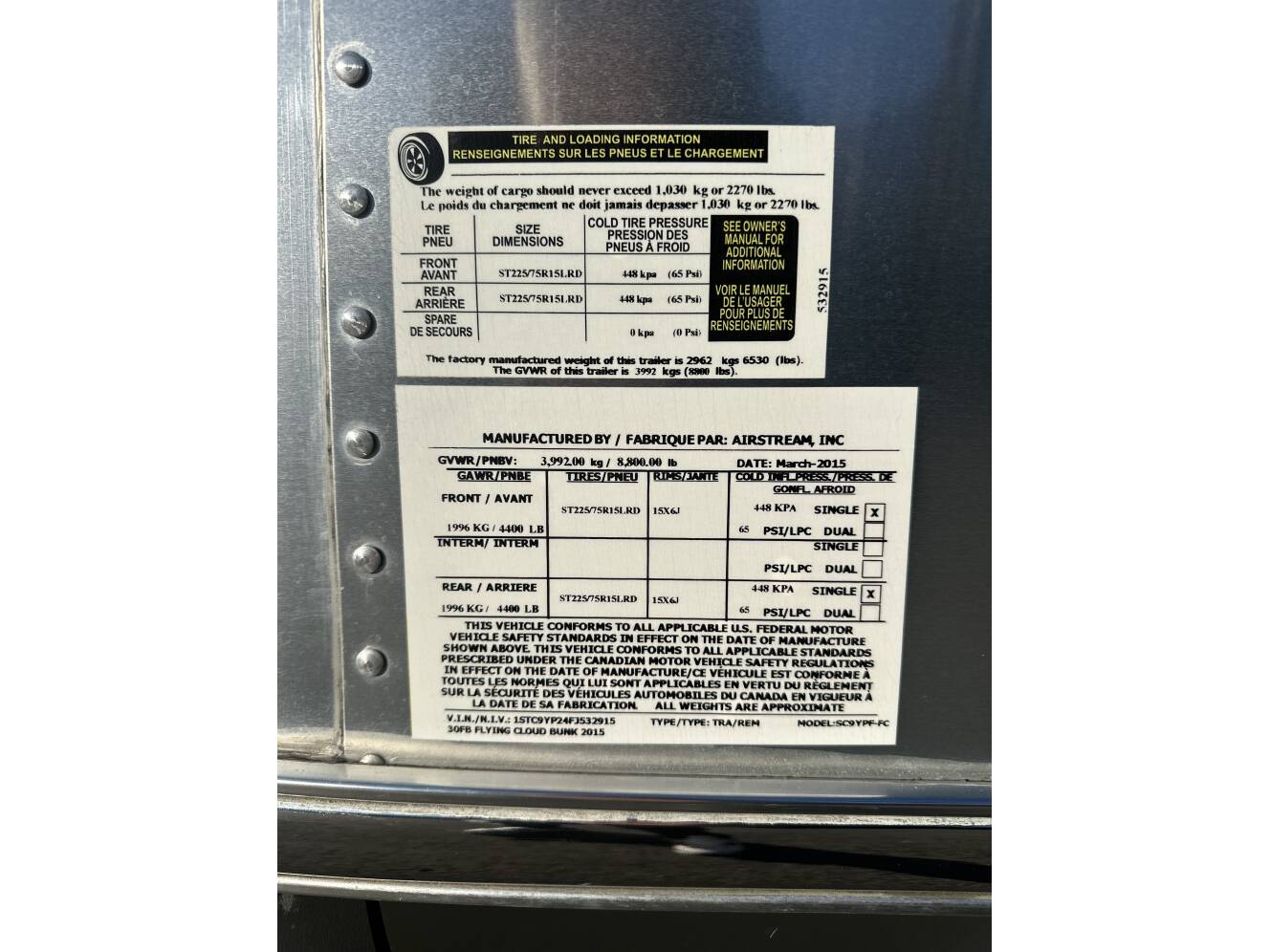 A photo of this 2015 Airstream FLYING CLOUD 30FB BUNK