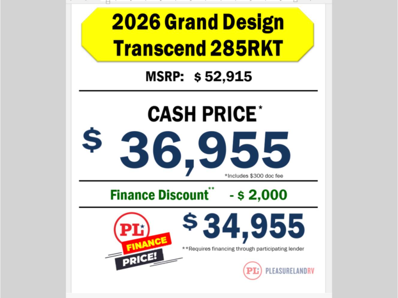 A photo of this 2026 Grand Design Transcend 285RKT