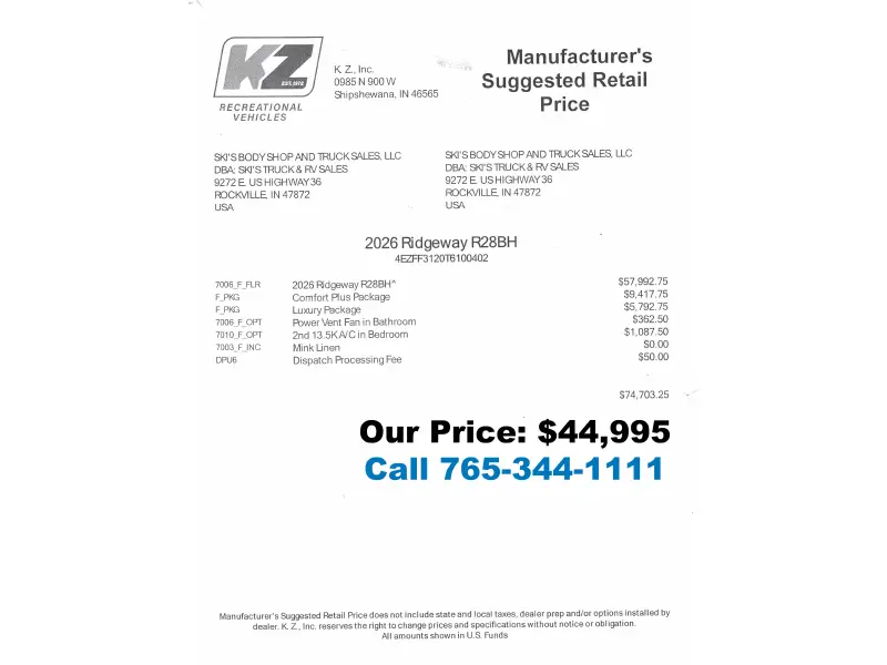 2026 KZ RV Ridgeway R28BH