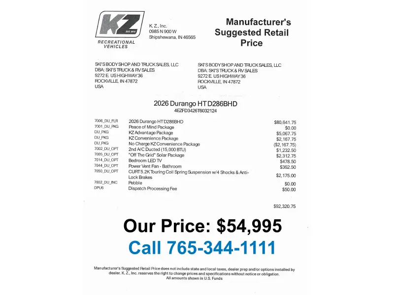 2026 K-Z Durango D286BHD Half-Ton