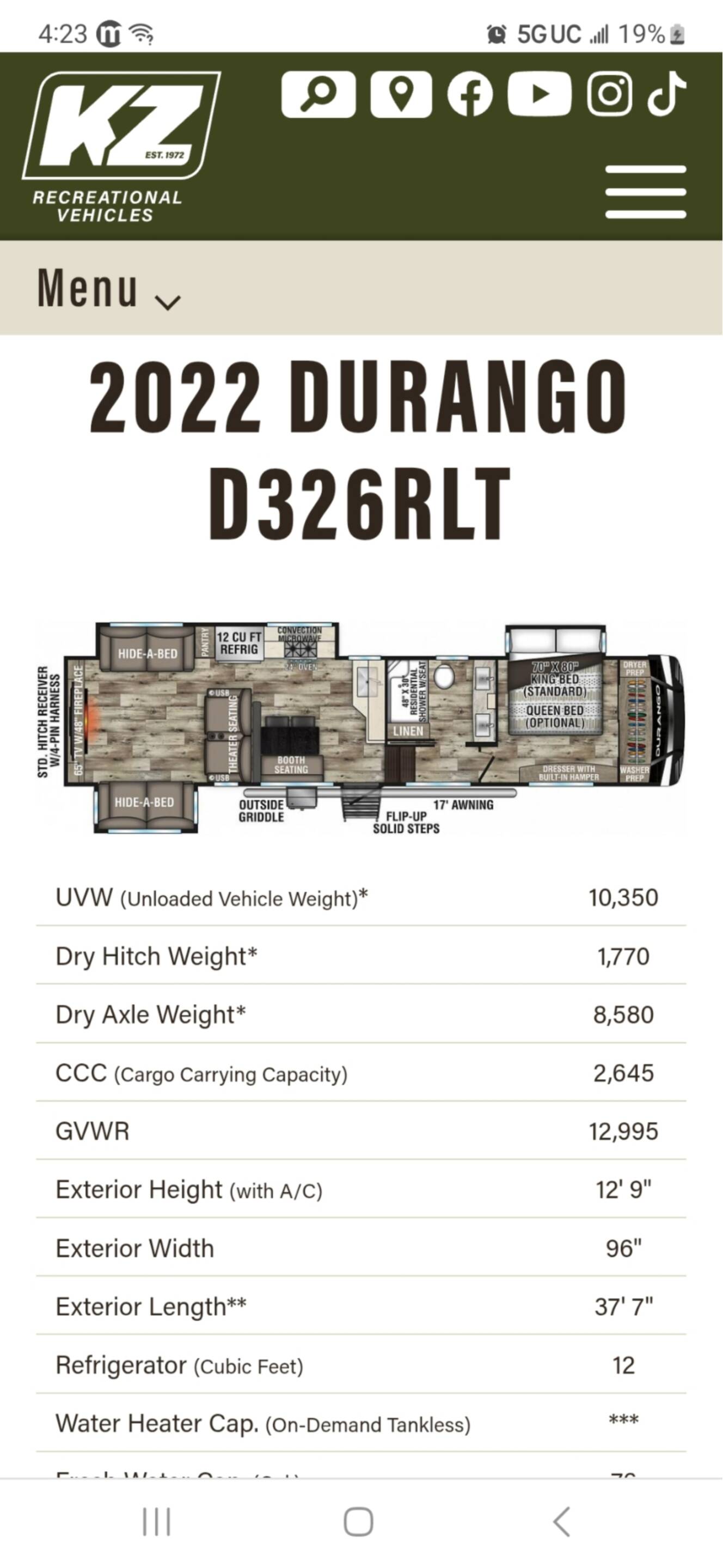 A photo of this 2022 K-Z DURANGO 326 RLT