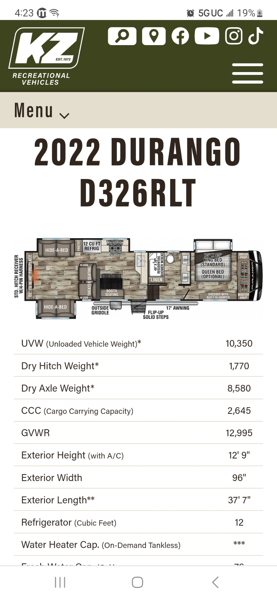 A photo of this 2022 K-Z DURANGO 326 RLT