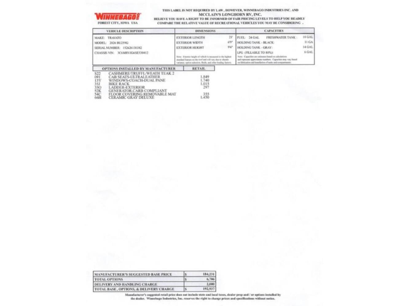 A photo of this 2026 Winnebago Travato 59G