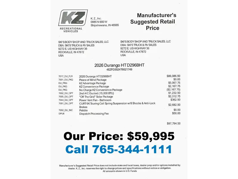 2026 KZ RV Durango D296BHT Half-Ton