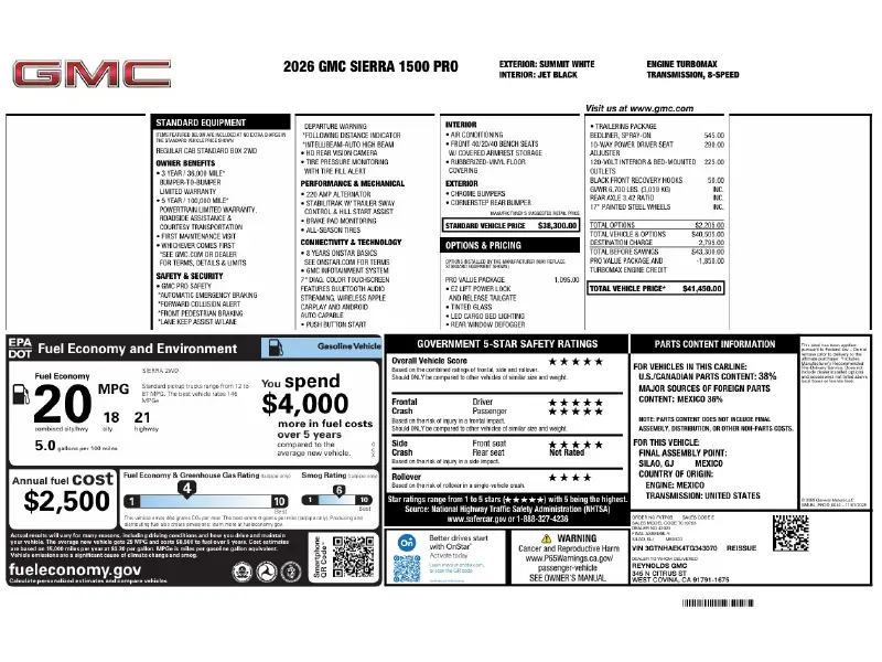 2026 GMC SIERRA 1500 PRO REG CAB GAS SHORTBED