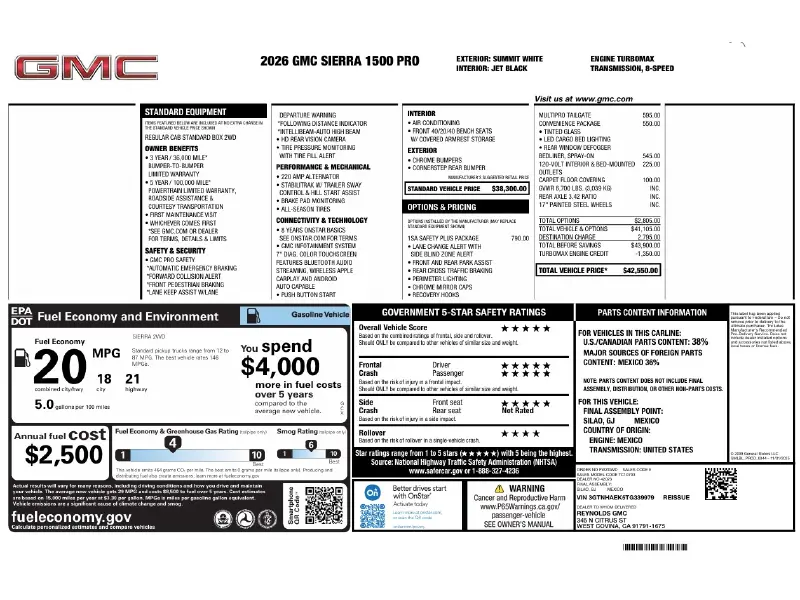 2026 GMC SIERRA 1500 PRO REG CAB GAS SHORTBED
