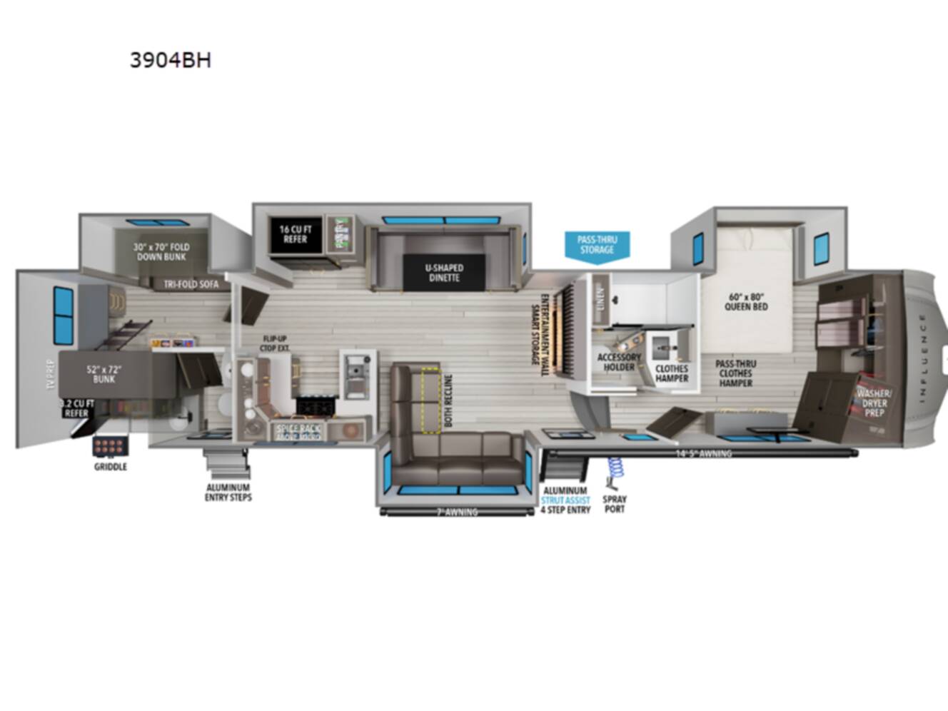 A photo of this 2026 Grand Design Influence 3904BH