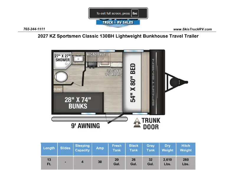2027 KZ RV Sportsmen Classic 130BH