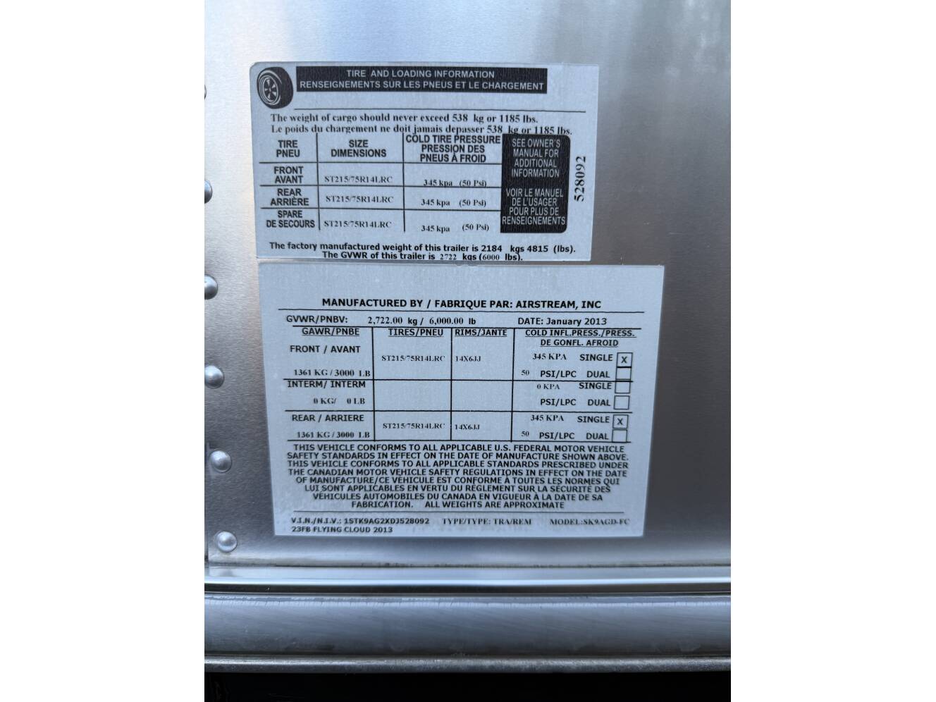 A photo of this 2013 Airstream FLYING CLOUD 23FB QUEEN