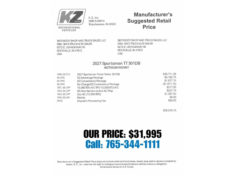 2027 KZ RV Sportsmen SE 301DBSE