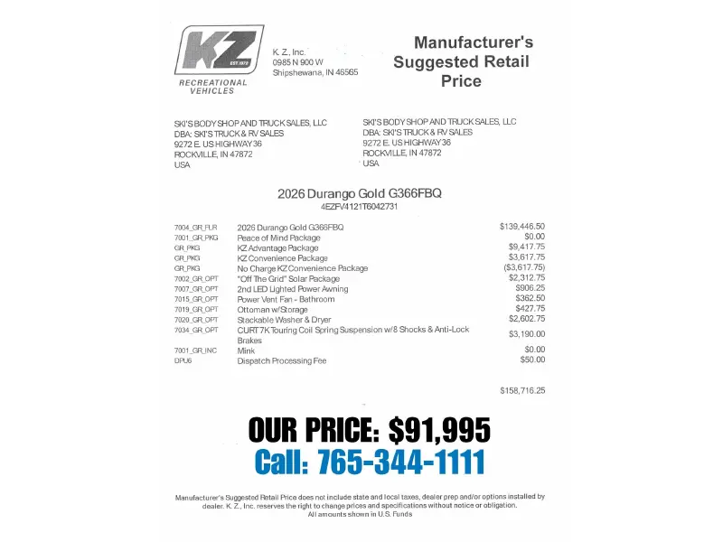 2026 KZ RV Durango Gold G366FBQ