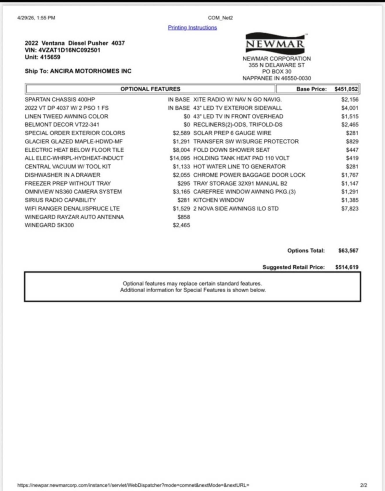 A photo of this 2022 Newmar VENTANA 4037