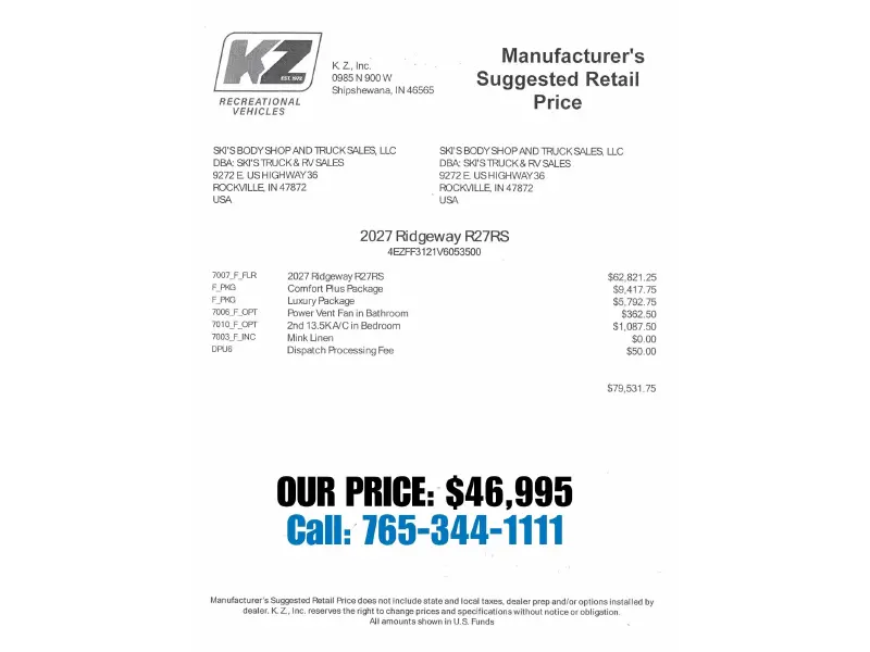 2027 KZ RV Ridgeway R27RS