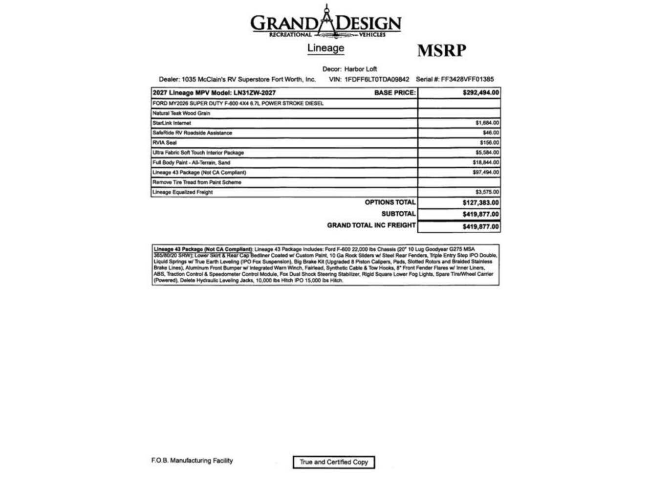 A photo of this 2027 Grand Design Lineage Series F 31ZW