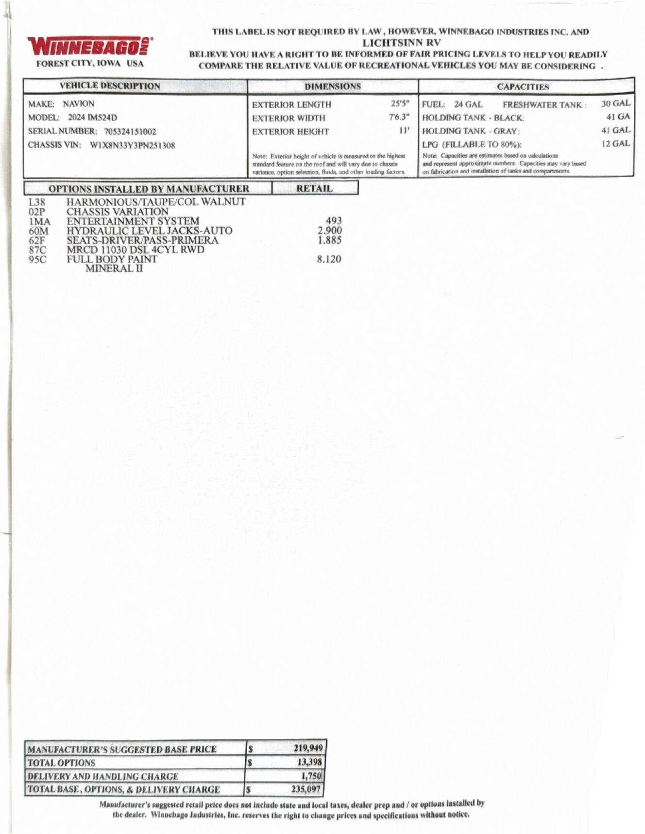 A photo of this 2024 Winnebago NAVION 24D