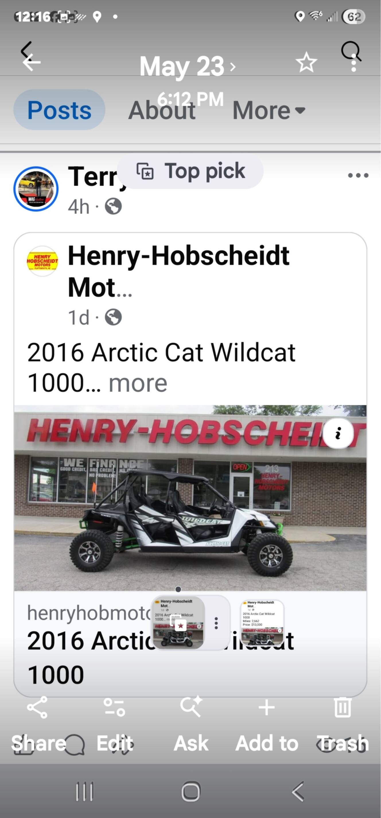 A photo of this 2016 Arctic Cat WILDCAT 1000I H O