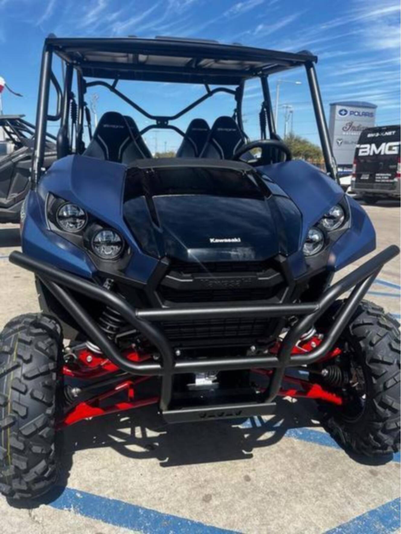 A photo of this 2025 Kawasaki Teryx4 S LEMetallic Matte Twilight BlueSuper Black