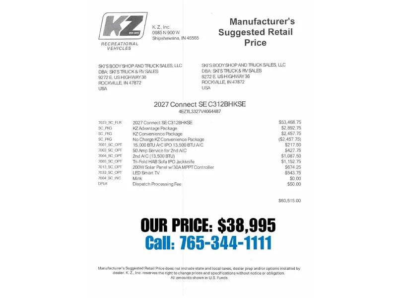 2027 KZ RV Connect SE C312BHKSE