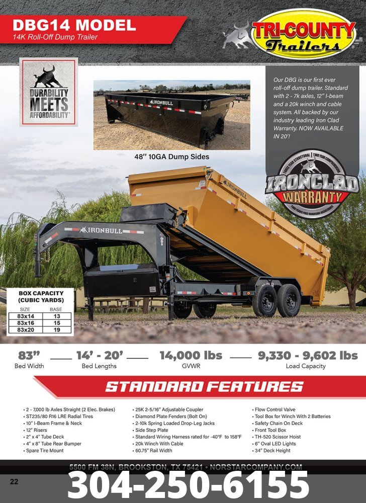 2027 Iron Bull DBG16 83X16 14K GN ROLL-OFF DUMP TRAILER in Beaver, WV
