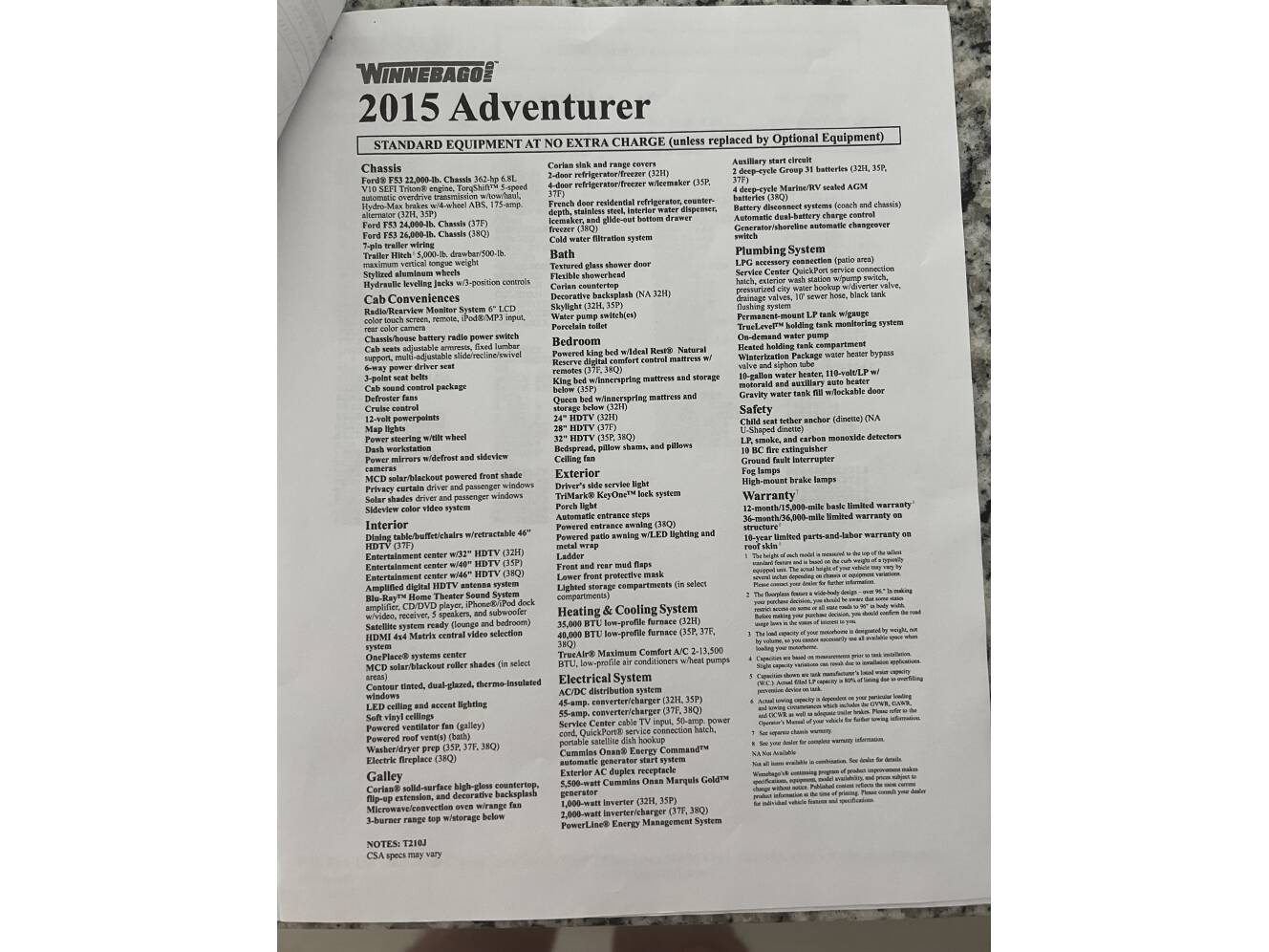 A photo of this 2015 Winnebago ADVENTURER 35P