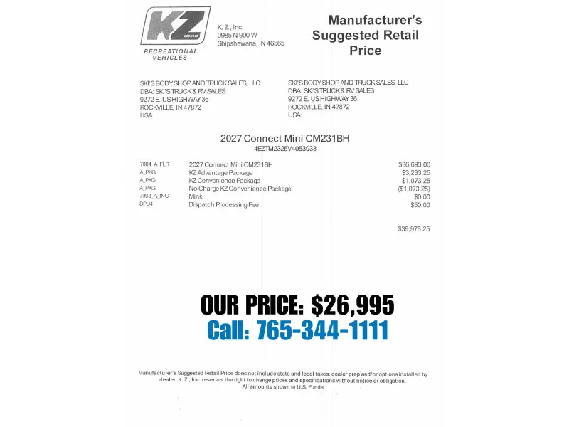 2027 KZ RV Connect Mini CM231BH