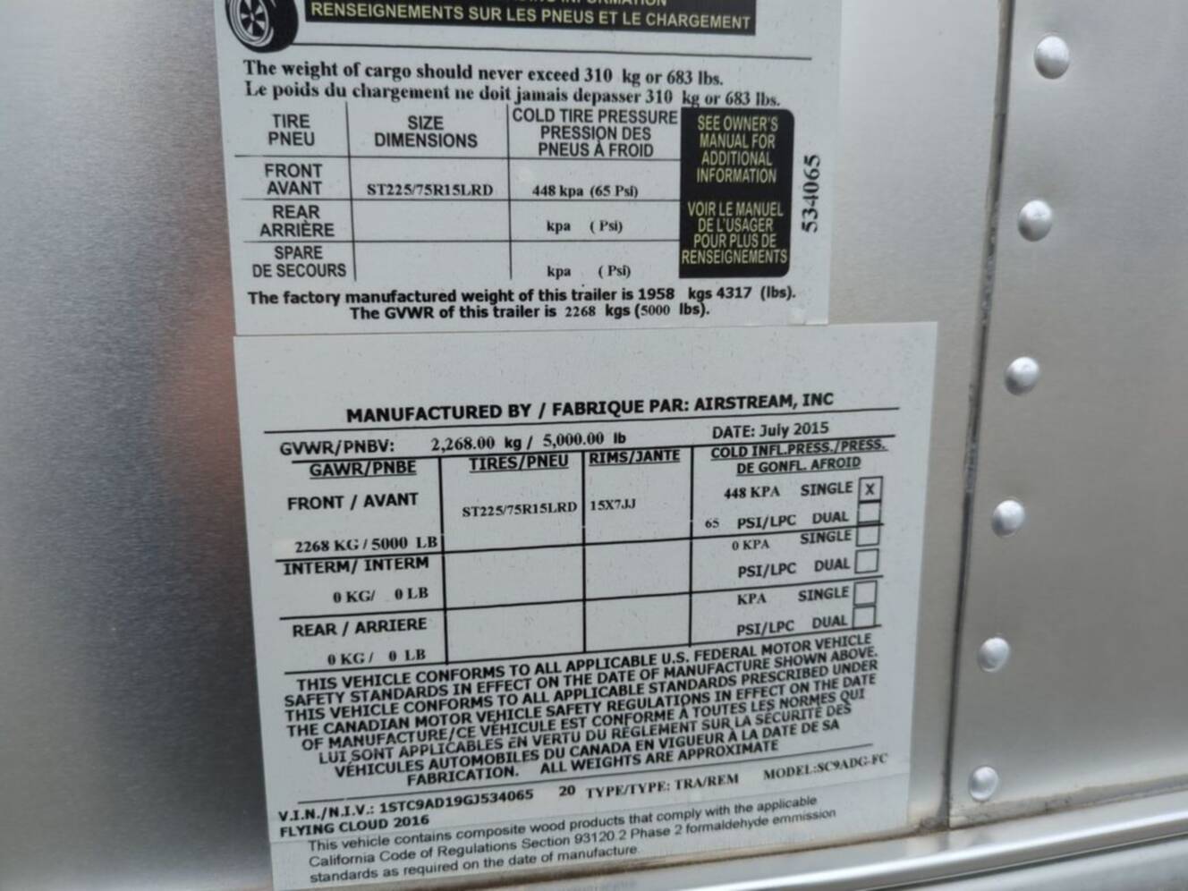 A photo of this 2016 Airstream Flying Cloud 20FB