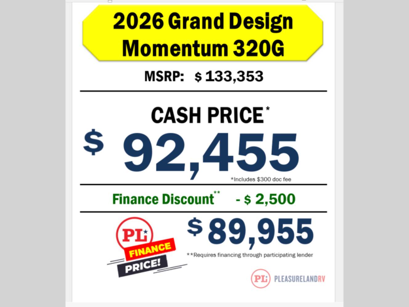 A photo of this 2026 Grand Design Momentum G-Class 320G