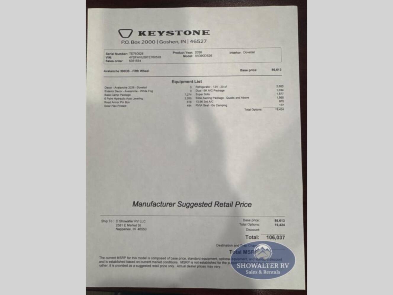 A photo of this 2026 Keystone Rv Alpine Avalanche Edition 390DS