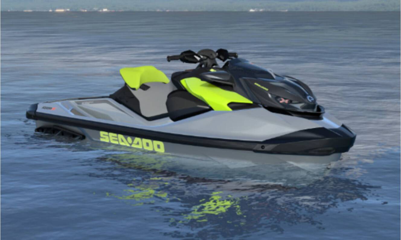 A photo of this 2025 Sea-Doo RXP-X 325 Tech, BRP Premium A, iBR Ice Metal / Manta