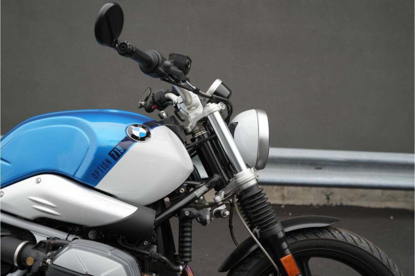 A photo of this 2021 BMW R nineT Scrambler 719 Cosmic Blue Metallic/Light White