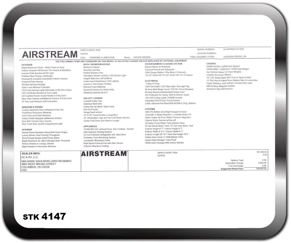 2026 Airstream Classic 28RB Queen in columbus OH