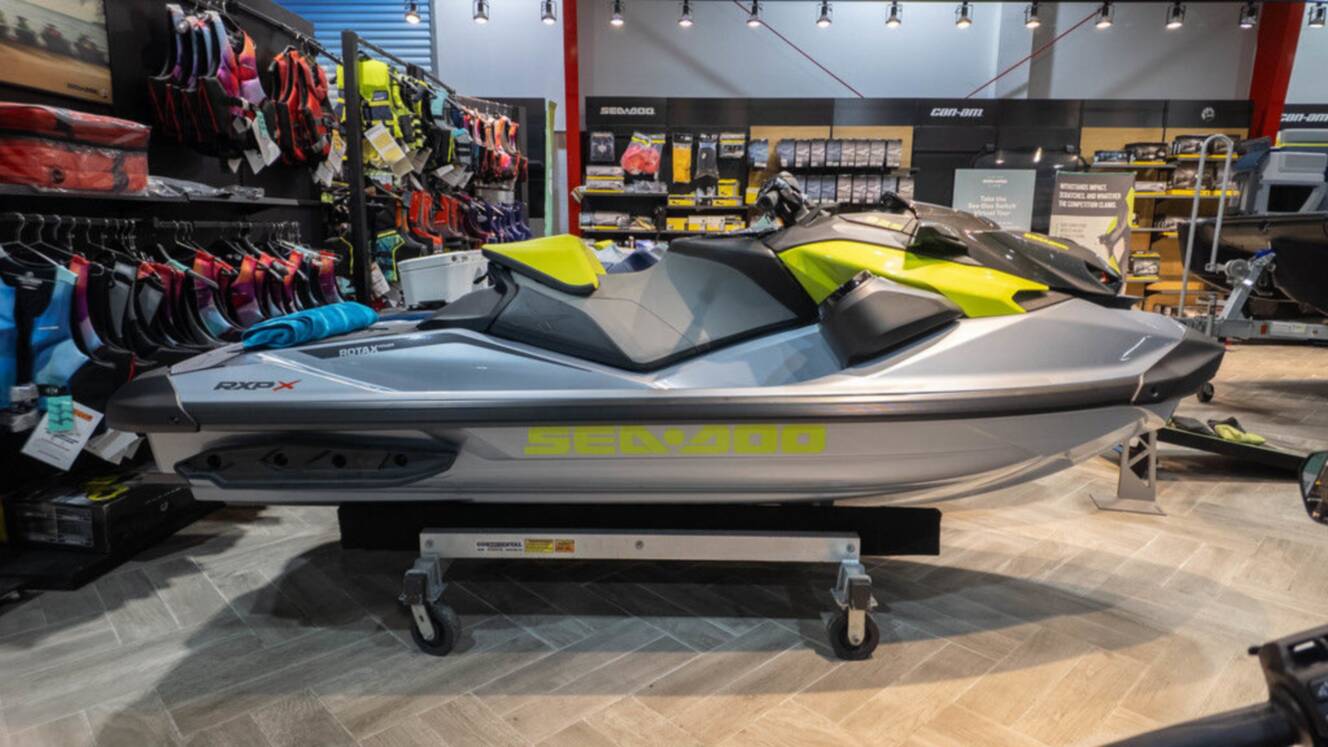 A photo of this 2025 Sea-Doo RXP-X 325 Tech, BRP Premium A, iBR Ice Metal / Manta