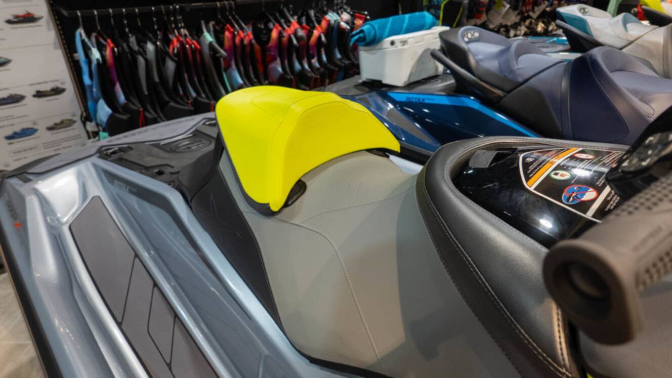 A photo of this 2025 Sea-Doo RXP-X 325 Tech, BRP Premium A, iBR Ice Metal / Manta