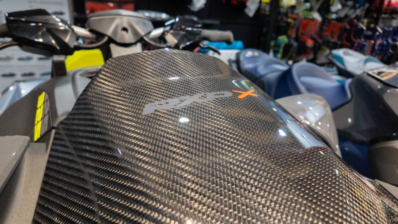 A photo of this 2025 Sea-Doo RXP-X 325 Tech, BRP Premium A, iBR Ice Metal / Manta