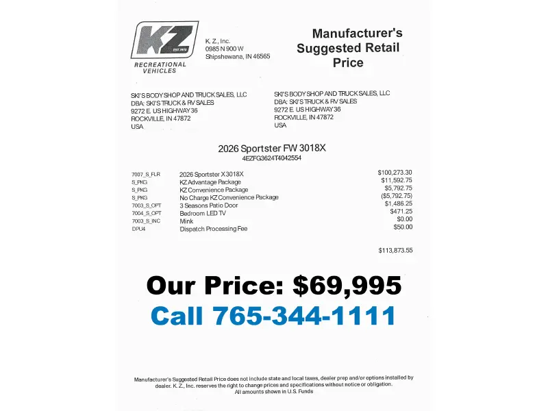 2027 KZ RV Sportster X 3018X