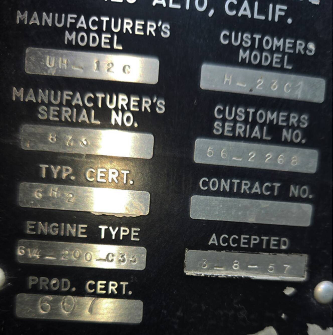 A photo of this 1957 Hiller Aircraft Corp UH 12C
