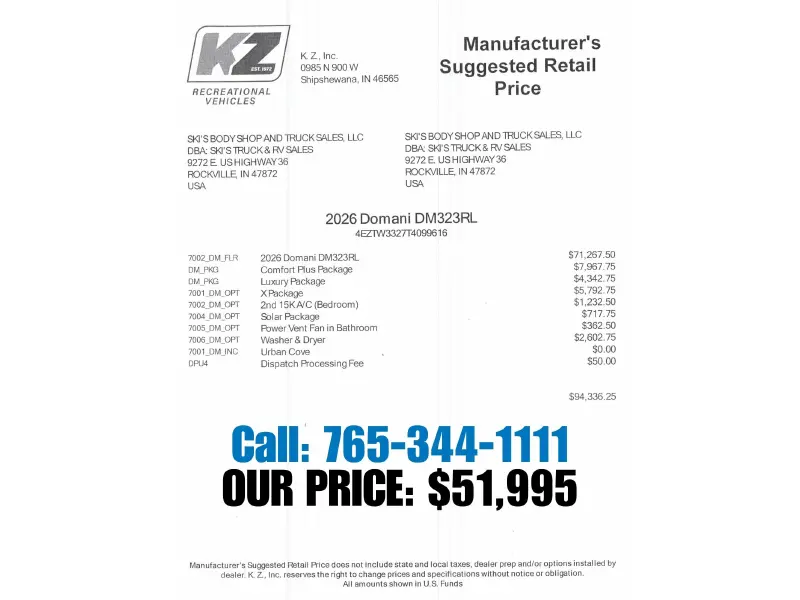 2026 KZ RV Domani DM323RL