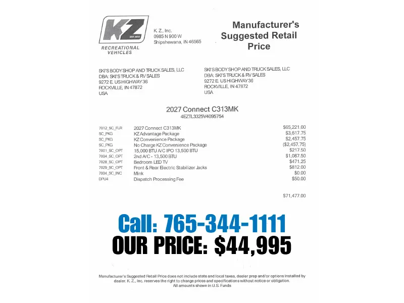 2027 KZ RV Connect C313MK