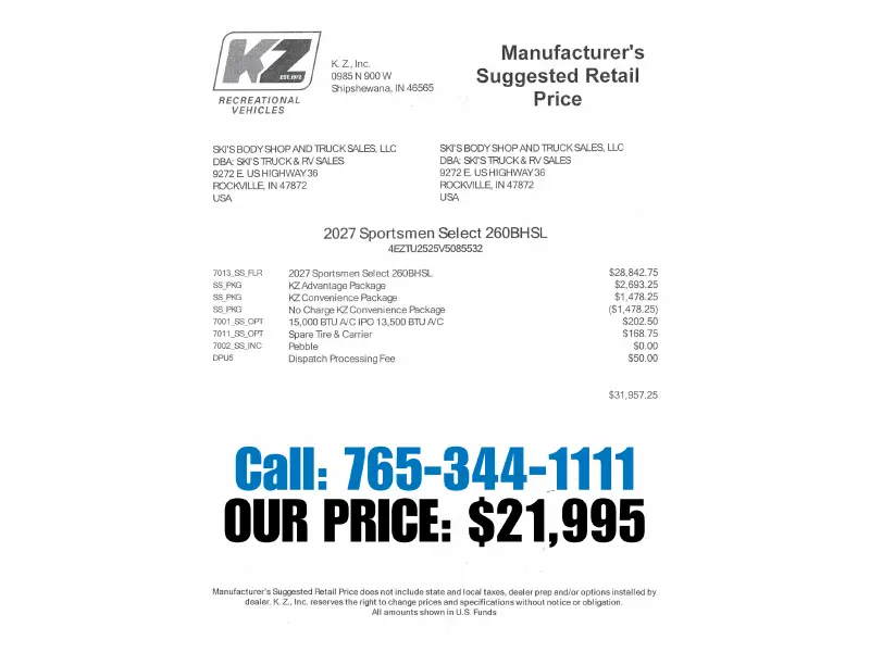2027 KZ RV Sportsmen Select 260BHSL