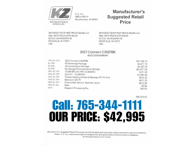 2027 KZ RV Connect C302FBK