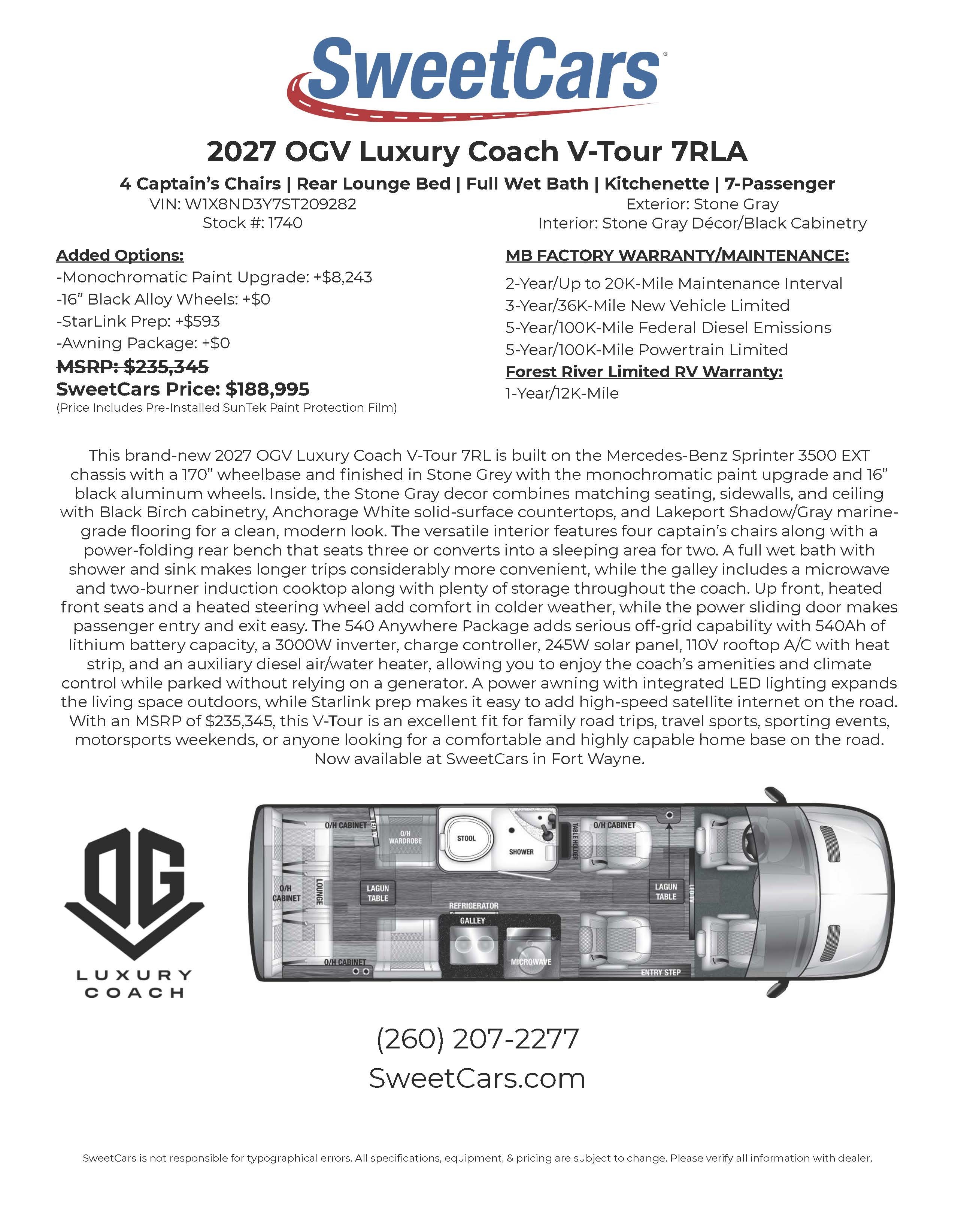 2027 Ogv Luxury Coach V-TOUR 7RL Conversion Van RV